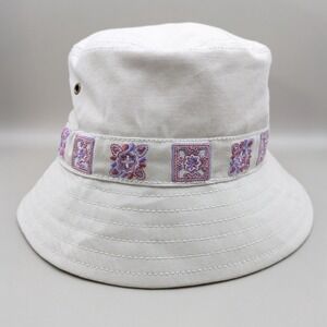 Woolrich Beige Bucket Hat Purple Foral Embroidered Band 100% Cotton Size M/L